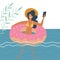 Young woman swimming on inflatable ring makes selfie photo on smartphone. Young girl taking self-photo as keepsake. Swimming in