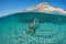 Young woman swims on half underwater