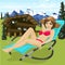 Young woman in swimsuit relaxing on chaise-longue near summer chalet at ski resort