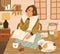 Young woman at table with sleeping cat. Cozy autumnal atmosphere at home. Dreaming character in warm clothes sit in room
