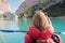 Young Woman take a selfie in the Congost de Mont-rebei gorge in Catalonia, Spain in summer 2020