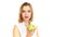 A young woman takes a bite of an apple. Video on white background