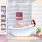 Young woman taking bath in bathroom at home. Happy woman washing with soap and foam in bathtub indoor vector