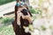 Young woman taking pictures of flowering trees