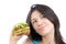 Young woman with tasty fast food unhealthy burger