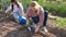 Young woman with a teenage girl working in the vegetable garden on a sunny spring day, planting seedlings.