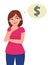 Young woman thinking and looking up to thought bubble in dollar symbol. Business and finance concept. Human emotion - Vector