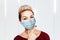 Young woman thinking wearing protective face mask prevent virus infection, pollution