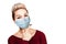 Young woman thinking wearing protective face mask prevent virus infection, pollution, white isolated background