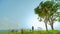 Young woman tourist with hat and backpack stand on the hill with green grass field and couple big tree on sunshine day