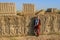 Young woman tourist with a head covered stands on the background of the famous bas-reliefs of the day capital of Persia Iran - P