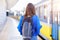 Young woman tourist at platform train station