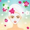 Young woman with towel and cosmetic facial mask among flowers. SPA, resort, beauty salon concept vector illustration