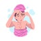 Young Woman with Towel on her Head Pressing Pimple on Forehead, Girl Taking Care about her Face Cartoon Style Vector