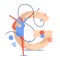 Young woman training gymnastics with ribbon. Large letter G and female character drawn in blue and orange. Healthy lifestyle and