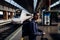 Young woman traveler with bags and suitcase waiting on the peron of a train station.Checking train times.Fast trains/metro