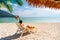 Young woman traveler relaxing and enjoying at beautiful tropical white sand beach with transparent sea, Summer vacation