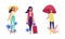 Young Woman Traveling with Luggage and Walking with Umbrella Vector Set