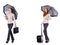 Young woman travelling with suitcase and umbrella isolated on wh