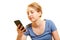 Young woman types chat message on smartphone