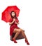 Young woman with umbrella pinup style sitting in a suitcase