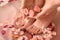 Young woman undergoing spa pedicure treatment in beauty salon, closeup