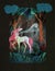 Young woman and unicorn in front of night forest, fairytale illustration