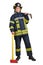 Young woman in uniform of firefighter with crowbar and ax in hands