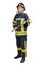Young woman in uniform of firefighter with crowbar in hands