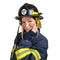 young woman in uniform of firefighter and hardhat touching face with hand