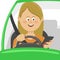 Young woman using her smartphone behind the wheel. Problem addiction danger concept