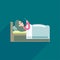 Young Woman using texting on smartphone in bed, Vector icon illustration.