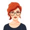 Young woman vector illustration, red hair, glasses, smiling, confident. Female avatar