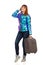 Young Woman In Vibrant Down Jacket Is Posing With Suitcase