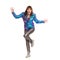 Young Woman In Vibrant Down Jacket Is Standing On One Leg With A