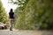 Young woman with vision impairment walking on city streets