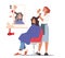 Young Woman Visiting Beauty Salon. Hairdresser Master doing Haircut for Girl Cutting Hair with Scissors front of Mirror