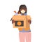 Young Woman Volunteer in Face Mask Holding Cardboard Box with Humanitarian Aid for Refugee Vector Illustration