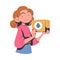 Young Woman Volunteer Holding Cardboard Box with Humanitarian Help for Needy Vector Illustration