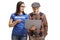 Young woman volunteering and showing an elderly man a laptop