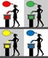 Young woman voter silhouettes with different colored thought bub