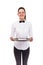 Young woman in waiter uniform holding tray isolated over white b
