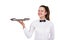 Young woman in waiter uniform holding tray isolated over white b