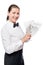 Young woman waiter wipes the glass with a dry cloth, a portrait