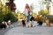 Young woman walking adorable dogs in