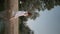 A young woman walking along the shore of a lake in the summer evening at sunset. Freedom and travel concept