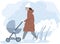 Young woman walking with a baby bassinet stroller in winter. Mother and child walk in the park