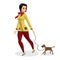 Young woman is walking with a dog. Girl with a dog on a leash. V
