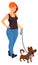 Young woman walking with dog. Girl holding puppy on leash