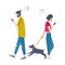 Young woman walking dog on leash and man passing by each other, looking at their mobile phones and checking social